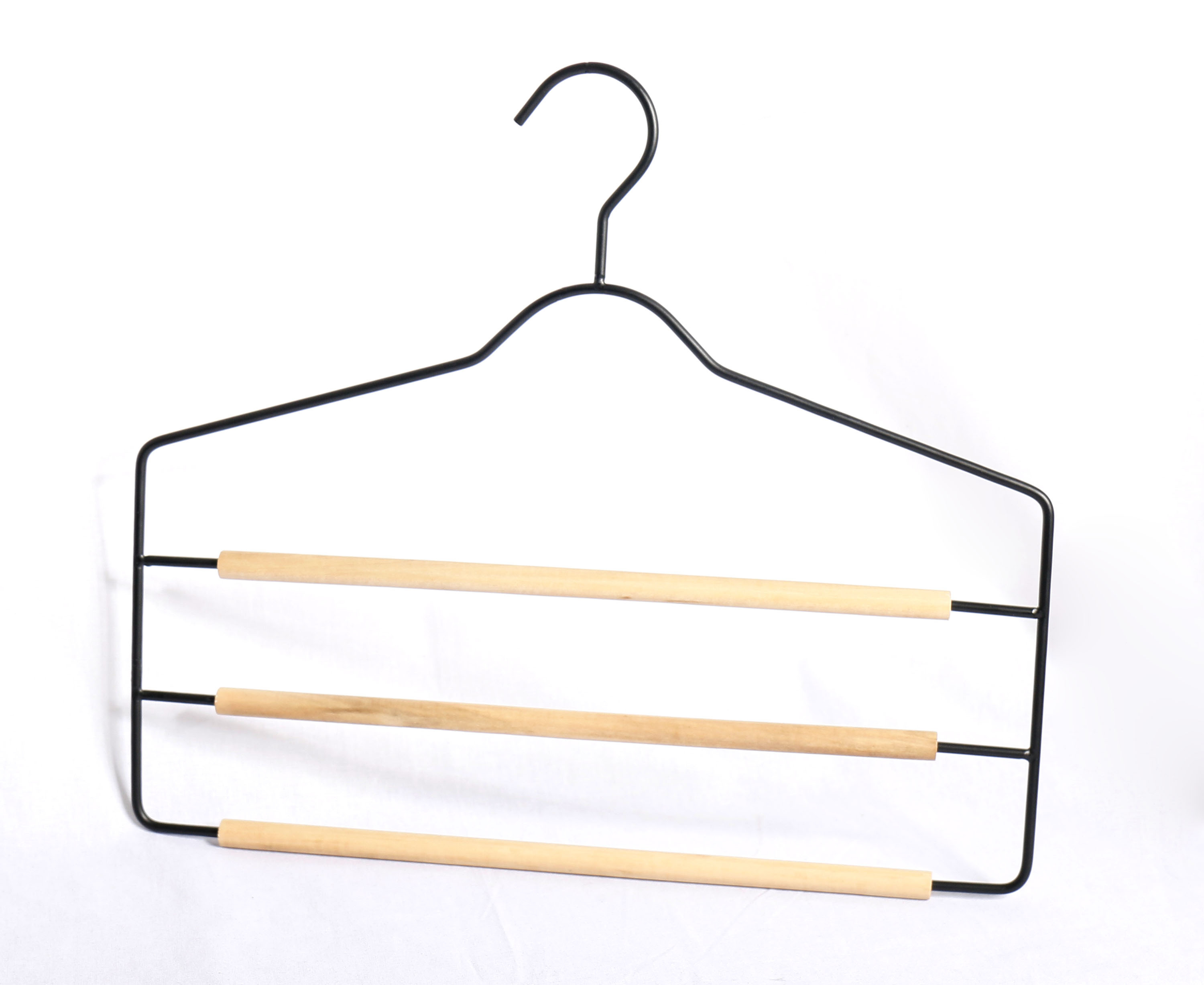 Metal Hanger Black Powder Coated with 3-layer wood bar for pants